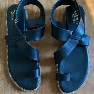 Franco Sarto black sandals with gold trim. Leather upper.